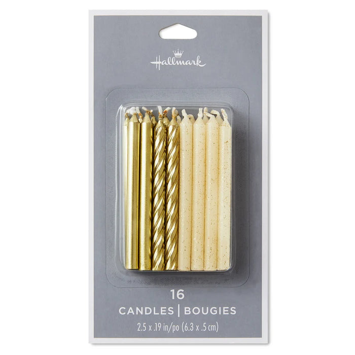 Gold Matte, Spiral and Glitter Birthday Candles, Set of 16