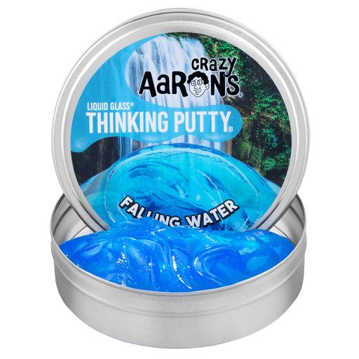 Crazy Aaron's Thinking Putty in a silver tin with blue putty inside, labeled 'Falling Water'.