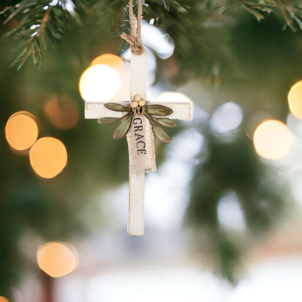 Grace Cross Ornament with Green Leaves