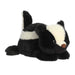 A Skunk plush toy laying flat on a white background