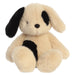Plush toy dog with black spots on a white background