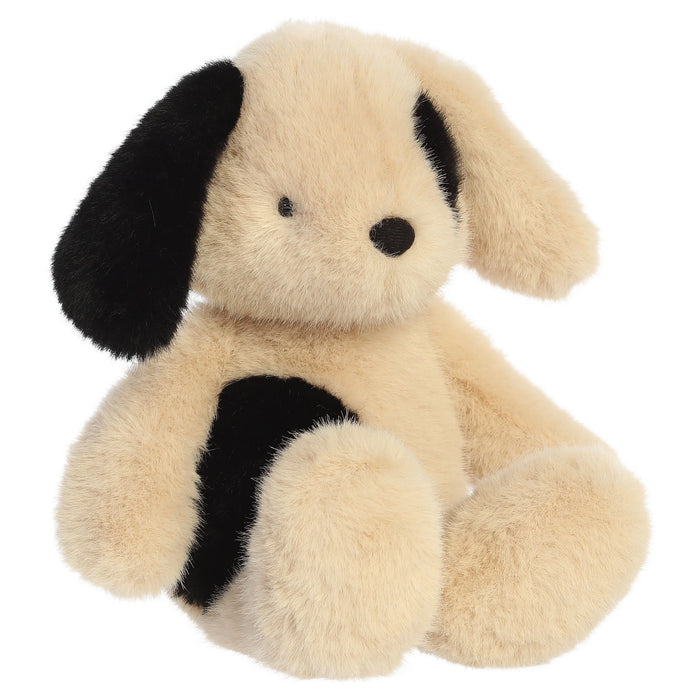 Plush toy dog with black spots on a white background