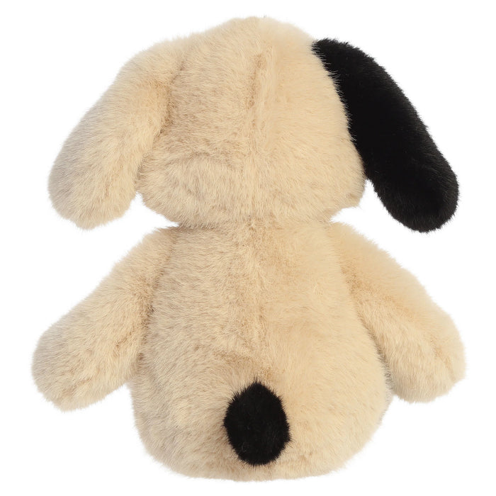 Plush toy dog with black spots on a white background