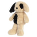 Plush toy dog with black spots on a white background