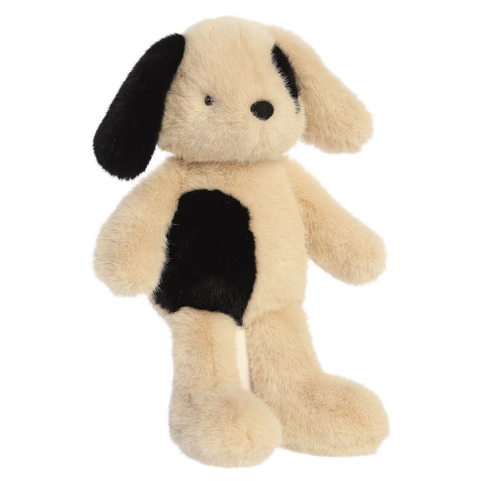 Plush toy dog with black spots on a white background