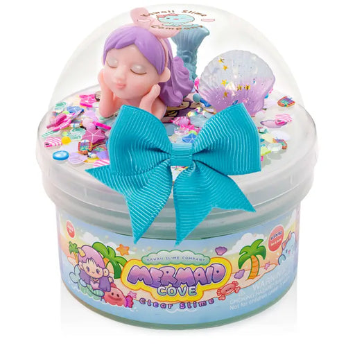 Slime container with a mermaid figure and blue bow on a white background
