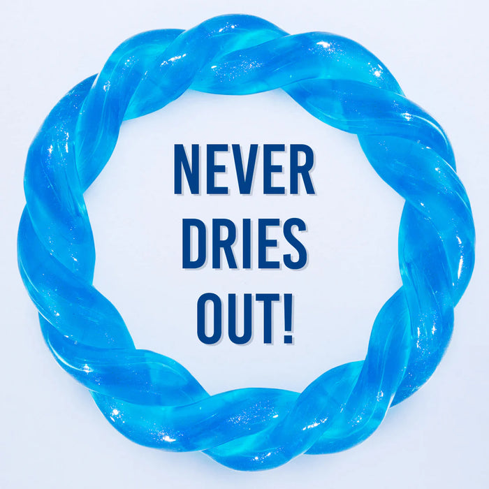 Blue twisted ring with 'NEVER DRIES OUT!' text on a white background