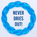 Blue twisted ring with 'NEVER DRIES OUT!' text on a white background