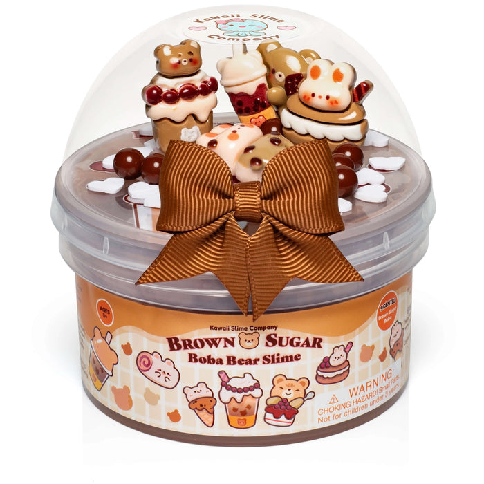 Brown Sugar Boba Bear Slime in a clear container with a decorative bow on a white background