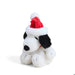 Plush toy resembling a dog wearing a Santa hat on a white background