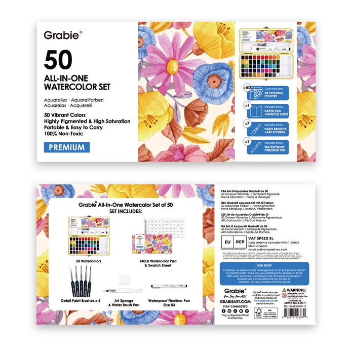 Grabie 50 All-in-One Watercolor Set packaging with floral design and product details.