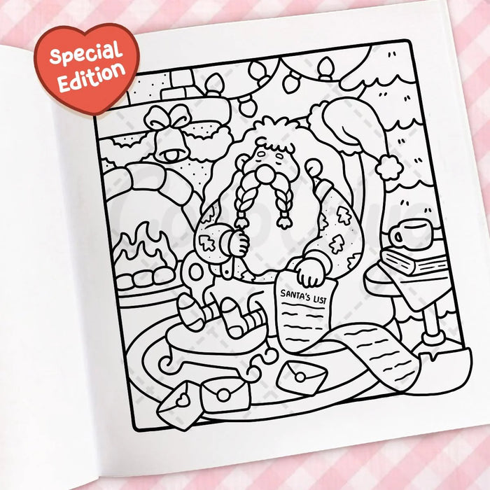 Black and white Christmas-themed coloring page with Santa Claus on a pink and white striped background.