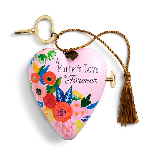 Heart-shaped keychain with floral design and 'A Mother's Love is Forever' text on a white background