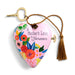 Heart-shaped keychain with floral design and 'A Mother's Love is Forever' text on a white background