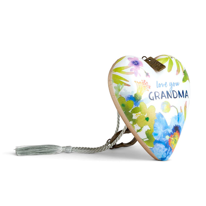 Heart-shaped keychain with floral design and 'Love you Grandma' text on a white background