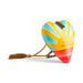 A heart-shaped wooden ornament painted with a colorful sunset design, featuring the words 'hello sunshine' on the front. It has a gold-toned tassel and a hanging loop, shown on a clean white background.