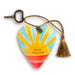 A heart-shaped decorative glass ornament featuring a colorful sunburst design with yellow, orange, red, and light blue rays, with the text 'hello sunshine' printed in black. It is attached to a gold-toned metal key ring and a gold tassel on a white background.