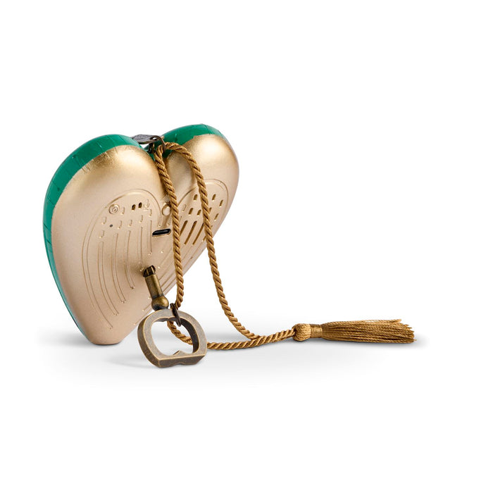 A heart-shaped wooden box with a gold-painted finish and a green painted top edge, featuring an engraved heart design, a hanging rope, and a metal key ring with a tassel, shown on a white background.