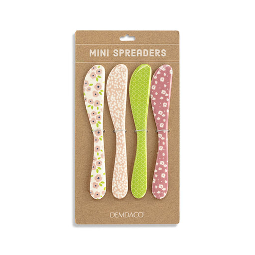 Set of four mini spreaders with floral patterns on a Demdaco branded packaging.