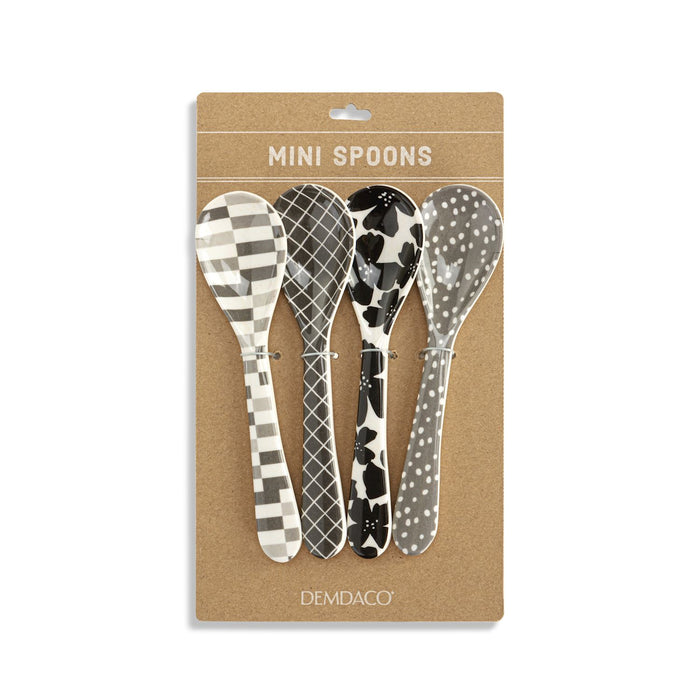 Set of four patterned mini spoons on a Demdaco branded card