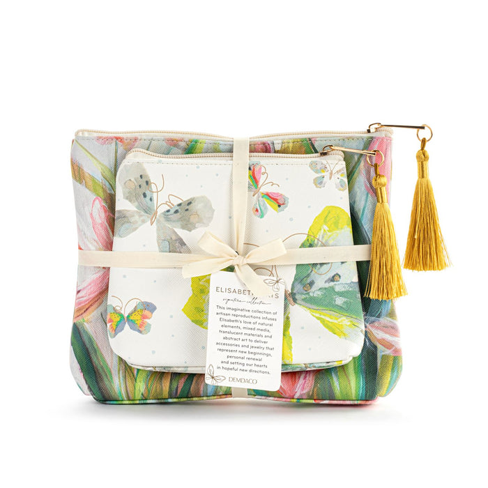Packaged soap set with butterfly design and tassel on a white background