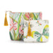 Two pouches with floral and butterfly designs on a white background
