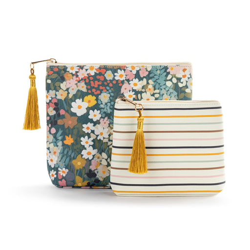 Two pouches with floral and striped patterns and yellow tassels on a white background