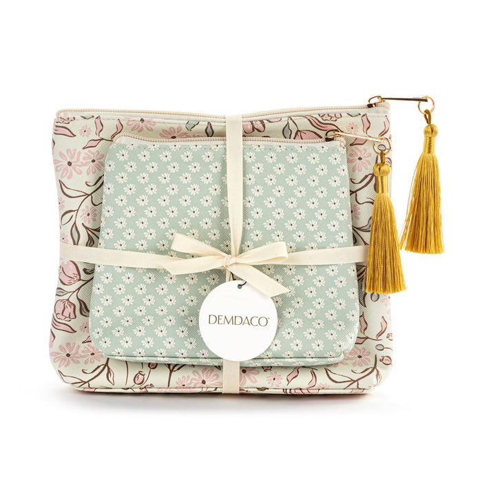 Floral-patterned pouch with a bow and tassels, featuring the Demdaco brand.