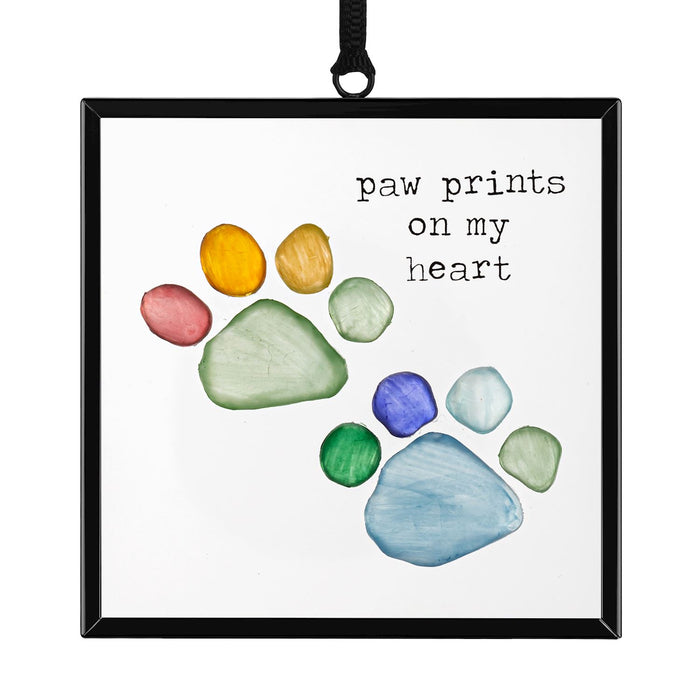 Rainbow Paw Prints on My Heart Suncatcher
