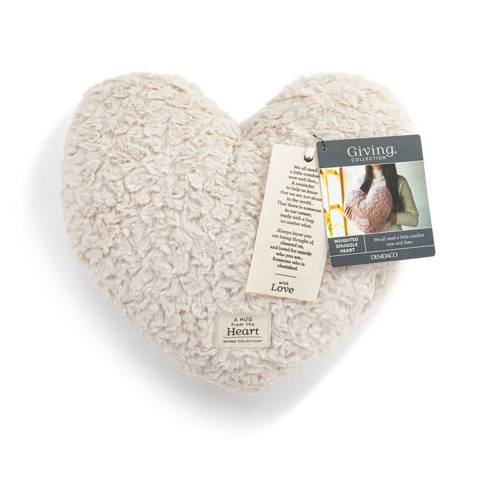 Heart-shaped plush pillow with a tag on a white background