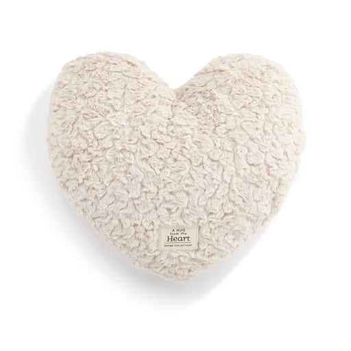 Heart-shaped plush pillow with 'A Hug from a Heart' label on a white background