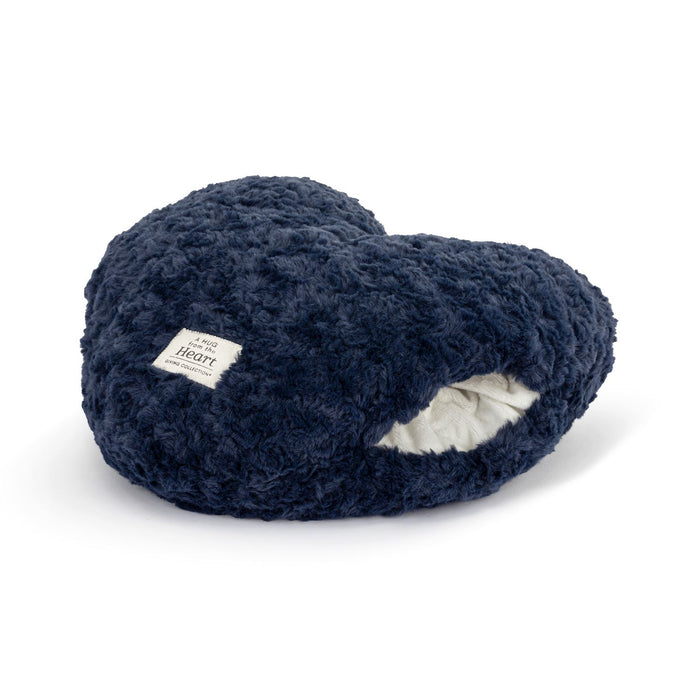 Pair of navy blue fuzzy slippers on a white background