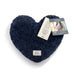 Navy blue heart-shaped pillow with tags on a white background