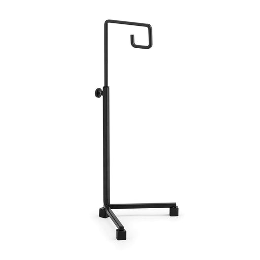 Black metal stand with a hook on a white background