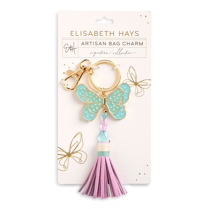 Butterfly bag charm with tassel on a white background, branded 'Elisabeth Hays'.