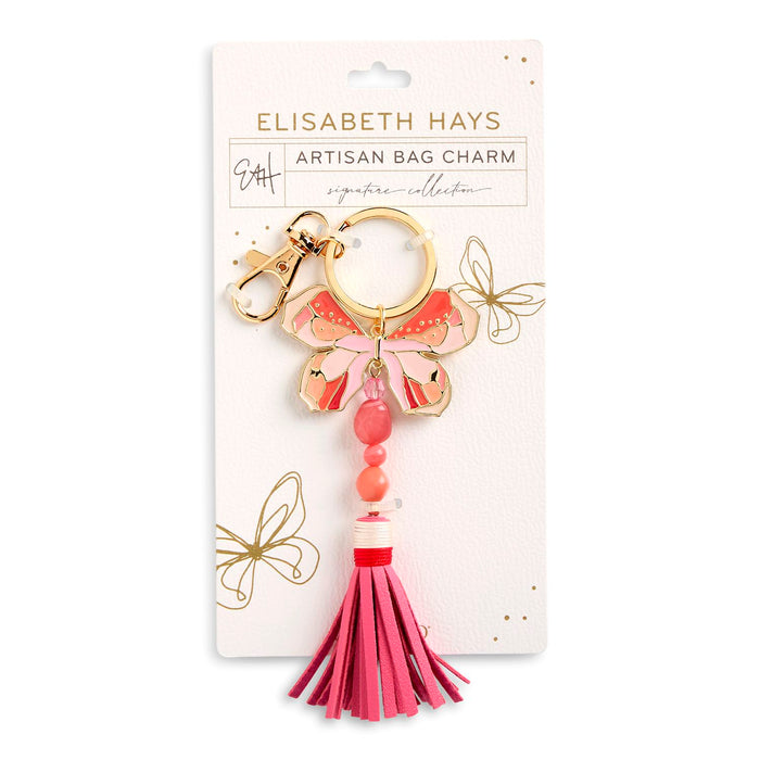 Elisabeth Hays artisan bag charm with butterfly design on a white background