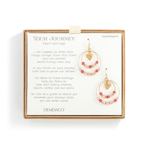 Heart-shaped earrings in a Demdaco jewelry box with a message card.