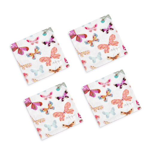 Four colorful butterfly-patterned coasters on a white background