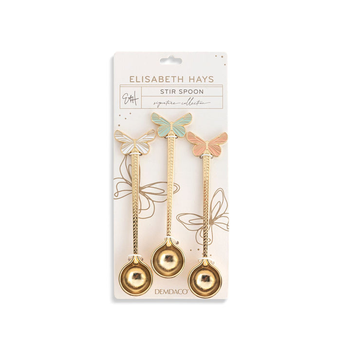 Set of three butterfly-themed stir spoons in packaging with 'Elisabeth Hays' branding.