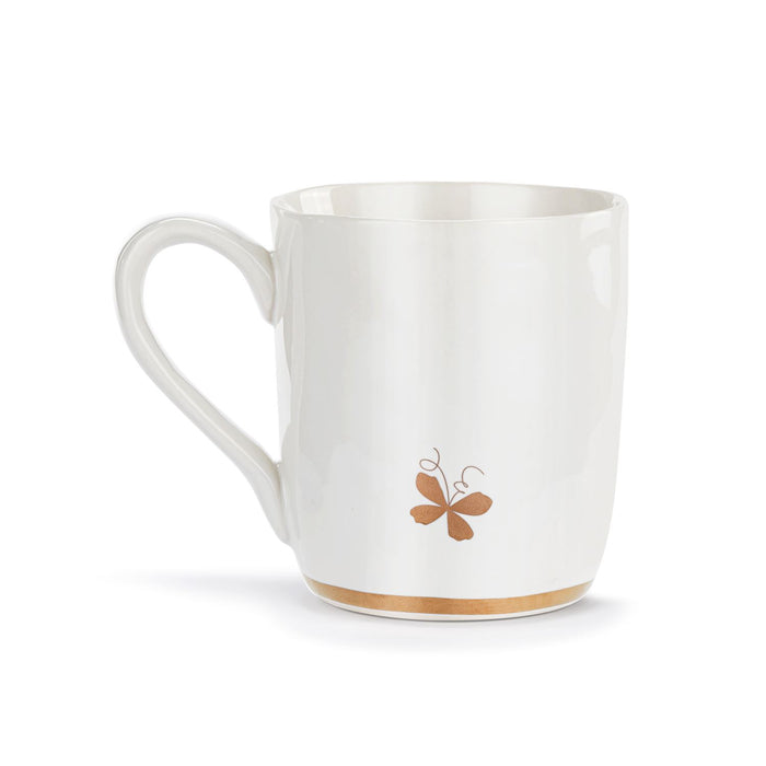 White mug with a brown butterfly design on a white background