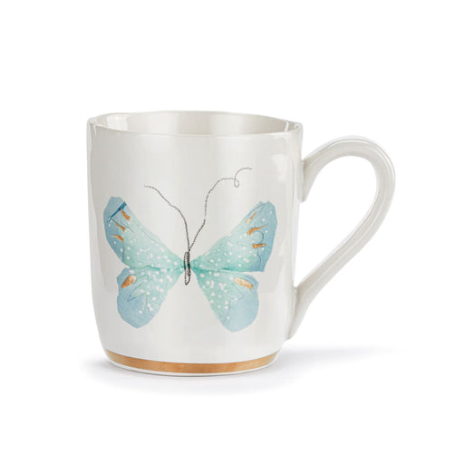 White mug with a blue butterfly design on a white background