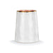 White ceramic tumbler with gold rim on a white background