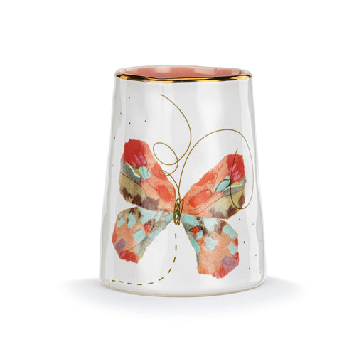 Ceramic tumbler with a colorful butterfly design on a white background