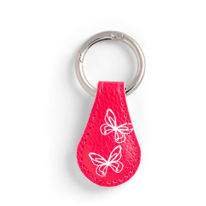 Pink keychain with butterfly designs on a white background