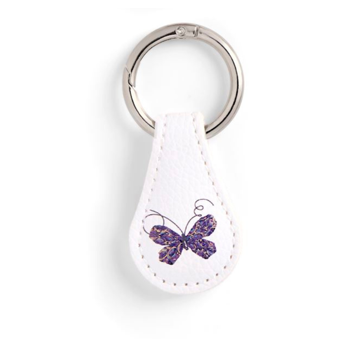 White keychain with a purple butterfly design on a white background