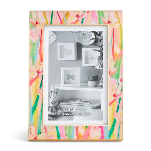 Colorful floral-patterned picture frame with a black and white photo inside, branded 'DEMDACO'.