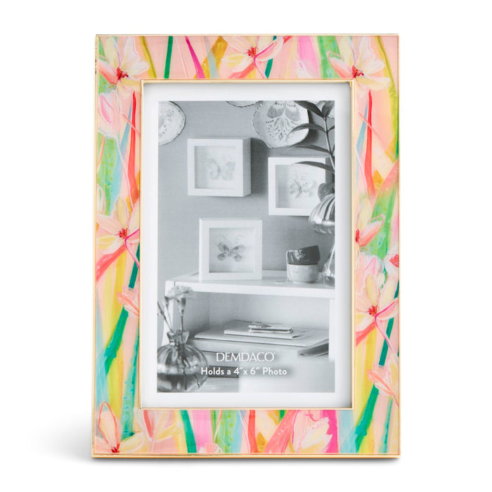 Colorful floral-patterned picture frame with a black and white photo inside, branded 'DEMDACO'.
