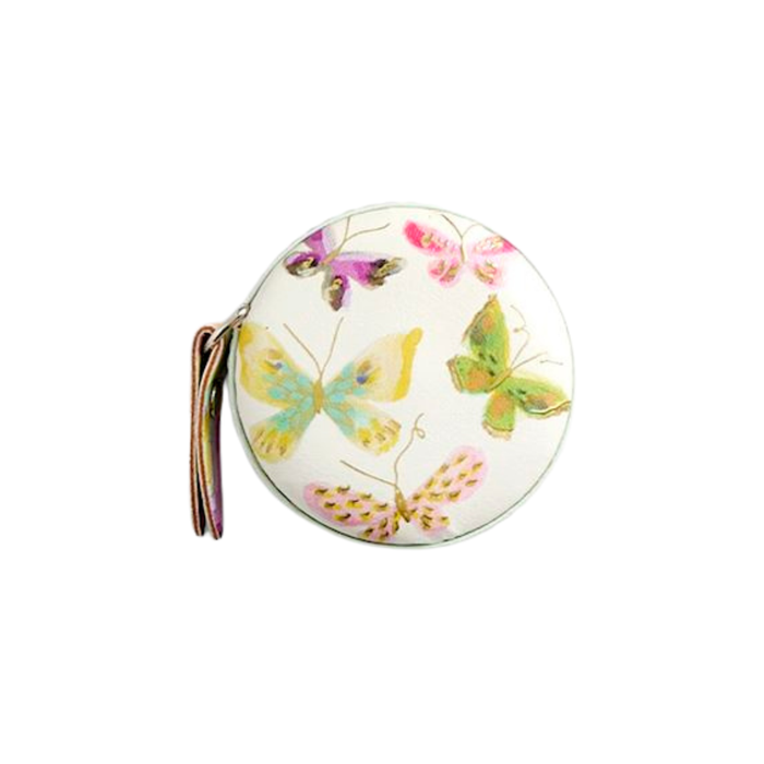 Round pouch with butterfly design on a white background