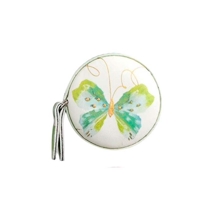 Round mirror with a butterfly design on a white background