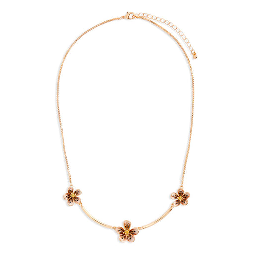 Gold necklace with floral pendants on a white background